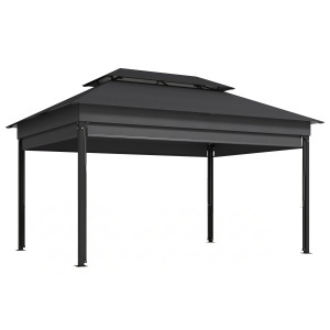 Gazebo de grădină 4x3 m cu perdele laterale, acoperiș dublu, orificii de drenaj, Gri închis