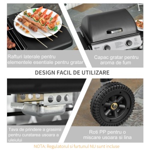 Gratar pe gaz cu Capac si 2 Arzatoare cu o putere totala de 5,6 kW, Gratar din Otel cu Roti si Rafturi, 104x49x99cm Negru - Img 6