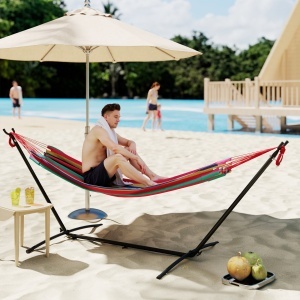 Hamac cu Suport 310x117cm pentru Camping cu Înălțime Reglabilă și Geantă de Transport, Capacitate 120 kg, Dungi Portocaliu și Roșu - Img 2