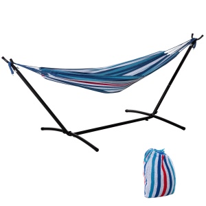 Hamac cu Suport 310x117cm pentru Camping cu Înălțime Reglabilă și Geantă de Transport, Capacitate 120 kg, Dungi Albastre și Albe - Img 1