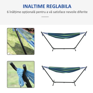 Hamac de Grădină Suspendat 310x117 cm cu Înălțime Reglabilă și Suport, Capacitate 120 kg, Hamac Autoportant cu Geantă de Transport, pentru Camping, Grădină, Balcon, Patio, Verde și Albastru - Img 4