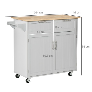Insulă de Bucătărie cu Blat de Lucru din Lemn de Cauciuc, Roți, 2 Sertare, Dulăpior și Rafturi, 104x46x91 cm, Gri - Img 3