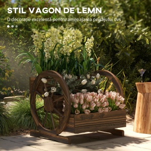 Jardinieră de Exterior cu 3 Niveluri și Roți Decorative, din Lemn de Brad cu Orificii de Drenaj, pentru Legume și Flori, pentru Balcon sau Terasă, 62x61x57 cm, Carbonizat - Img 4