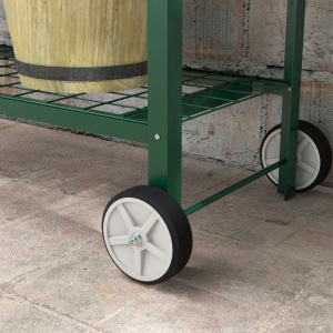 Jardinieră Exterioară cu Raft Inferior pentru Unelte, Jardinieră Metalică cu 2 Roți și Mâner, 109x44x80 cm, Verde - Img 9