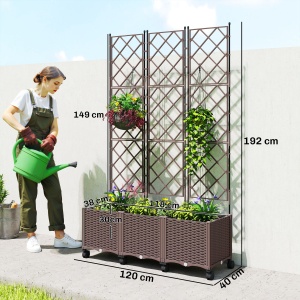 Jardinieră Înălțată cu Grilaj 130L, Pat pentru Grădină Înălțat de Exterior cu Roți Blocabile, Sistem de Autoirigare, Găuri de Drenaj pentru Plante Cățărătoare, Legume, Flori, Maro - Img 3