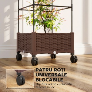 Jardinieră Înălțată cu Spalier 20L, Pat de Grădină Înălțat pentru Exterior cu Roți Blocabile, Sistem de Autoirigare, Orificii de Drenaj pentru Plante Cățărătoare, Legume și Flori, Maro - Img 7