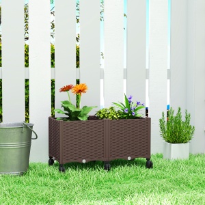 Jardinieră Ridicată din Plastic, 85L, Spațiu pentru Grădinărit în Aer Liber cu Roți Blocate, Sistem de Autoirigare, Orificii de Drenaj, Ideală pentru Plante, Legume și Flori, Maro - Img 9
