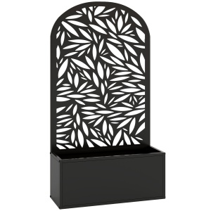 Jardiniere Ridicată pentru Grădină și Balcon cu Spalier Arcuit Decorat cu Frunze, pentru Flori și Legume, Montare pe Perete sau Utilizare Independentă, Negru