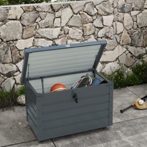 Ladă de Grădină de 295L cu Încuietoare, 2 Mânere și 4 Rotile, Mobilier Depozitare din Oțel, 100x62x65 cm, Gri - Img 2
