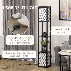 Lampa de podea coloana din MDF si plastic PP cu 2 rafturi, pentru camera de zi, studiu si dormitor, 26x26x156cm, alb si negru - Img 6