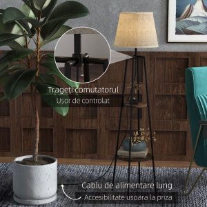 Lampa de Podea cu Rafturi, Lampi Moderne Inalte Independente pentru Camera de Zi, Dormitor, cu Abajur din Material Textil (Becul nu este Inclus), Nuc Maro si Maro Deschis - Img 6