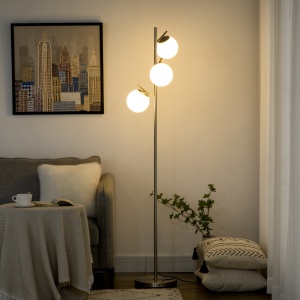 Lampă de Podea Modernă cu 3 Puncte de Iluminat, Lampă de Podea din Metal și Sticlă, Ø27x169 cm, Argintiu - Img 2