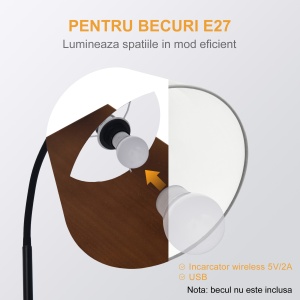 Lampă de Podea Modernă cu Înăcarcător Wireless, Abajur Reglabil și Etajeră Suplimentară, 36x36x165 cm, Negru - Img 7