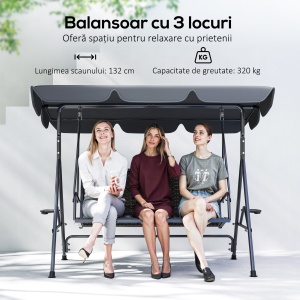 Leagăn de Grădină 3 Locuri din Ratan PE cu Acoperiș Reglabil și Suporturi pentru Pahare, Leagăn de Exterior cu Cadru din Oțel, Capacitate 320 kg, 204x112x150 cm, Gri - Img 4