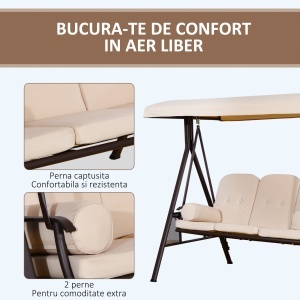 Leagăn de Grădină cu 3 Locuri, Acoperiș Reglabil, Suport pentru Pahare și Perne, 207x120,5x174 cm, Bej - Img 6