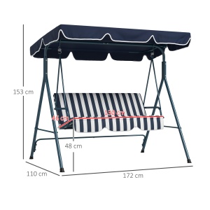 Leagăn de Grădină cu 3 Locuri cu Acoperiș Solar, Balansoar în Aer Liber cu Structură din Oțel și Poliester, 172x110x153 cm, Alb și Albastru - Img 3
