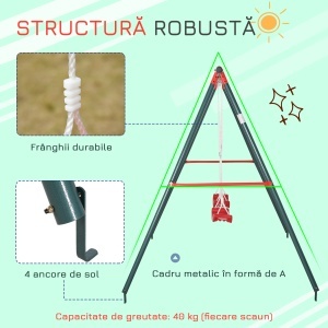 Leagăn Dublu pentru Copii 3+ Ani cu Structură din Metal, Leagăn de Grădină cu Coardă Reglabilă, Joc de Exterior, Max 45 kg, 239x156x180 cm, Verde și Roșu - Img 4