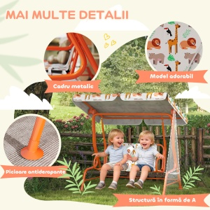 Leagăn pentru Copii cu 2 Locuri, Acoperiș Reglabil și Curele de Siguranță, Leagăn pentru Grădină și Interior din Oțel și Material Oxford, Max 60 kg, 112x75x120 cm, Portocaliu - Img 6