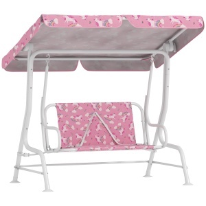 Leagăn pentru Copii de Exterior cu 2 Locuri, Acoperiș Reglabil și Centuri de Siguranță, Leagăn Grădină și Interior din Oțel și Material Oxford, Max 60 kg, 112x75x120 cm, Roz - Img 1