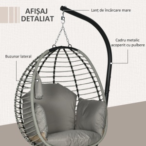 Leagăn pentru Exterior cu Pernă Capitonată, Scaun Suspendat pentru Terasă cu Suport Metalic, Cos Pliabil, 110x100x188 cm, Gri - Img 7