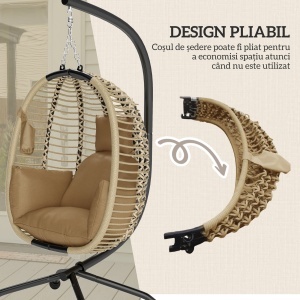Leagăn pentru Exterior cu Pernă Capitonată, Scaun Suspendat pentru Terasă cu Suport Metalic, Cos Pliabil, 110x100x188 cm, Gri - Img 5