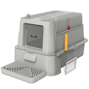 Litieră închisă pentru pisici de 80L cu tavă detașabilă, din ABS și oțel inoxidabil, 63x43x43 cm, gri deschis