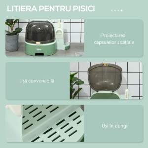 Litieră pentru Pisici cu Capac, Litieră Închisă cu Tavă Detașabilă și Lopățică Inclusă, 52x60x42 cm, Verde - Img 7
