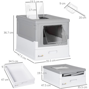 Litiera pentru Pisici Inchisa din PP cu Paleta Inclusa, Cutie Igienica pentru Pisici cu Tava Detasabila si 2 Usi, 47.5x35.5x36.7 cm, Alb si Gri - Img 3