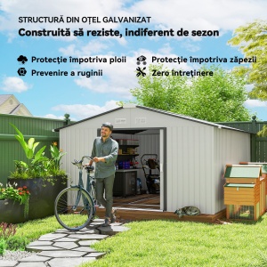 Magazie de Grădină 12,4 m² 340x386x200 cm cu Uși Glisante, Acoperiș Înclinat și 4 Guri de Aerisire, Albă - Img 4