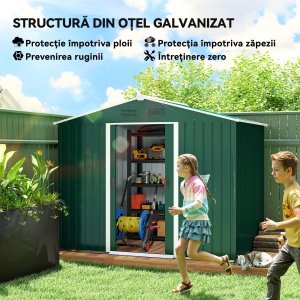 Magazie de Grădină 3.6m² din Oțel, cu 2 Uși Glisante și 4 Ferestre de Ventilație, 236x174x190 cm, Verde - Img 4