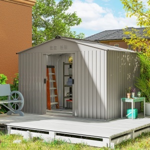 Magazie de Grădină 4,9 m² 277x195x192 cm cu 2 Uși Culisante, Acoperiș Înclinat și 4 Grile de Ventilație, Gri Argintiu - Img 2