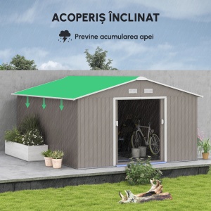 Magazie de Gradina cu Usi Duble Glisante si Acoperis Inclinat, Sopron de Gradina din Otel si PP, 3.4x4x2m, Gri - Img 8