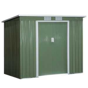 Magazie de gradina din otel cu acoperis inclinat, usa glisanta dubla si orificii de aerisire, 213x130x173 cm, verde - Img 1