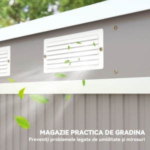 Magazie Grădină Metalică cu Acoperiș Înclinat și Ușă Dublă, pentru Stocare de Unelte în Grădină, 213x130x172 cm, Gri - Img 7