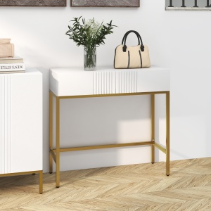 Masă Consolă cu 2 Sertare, Masă Modernă de Intrare cu Bază din Oțel în Ton Auriu, 80x31.5x75 cm, Alb - Img 2
