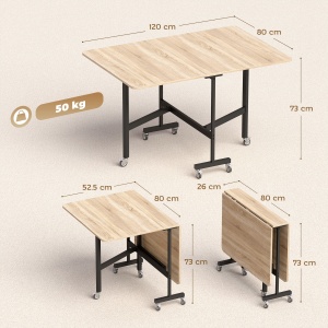 Masă de Dining Pliabilă, Masă de Bucătărie Rabatabilă cu Roți și Frâne pentru 4-6 Persoane, Birou Compact cu Structură din Oțel, pentru Living, 120x80x73 cm, Stejar - Img 3