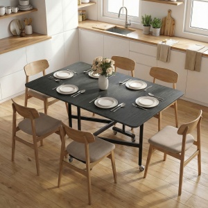 Masă de Dining Pliabilă, Masă de Bucătărie Rabatabilă cu Roți și Frâne pentru 4-6 Persoane, Masă Compactă cu Structură din Oțel, 120x80x73 cm, Negru cu Efect de Lemn - Img 2