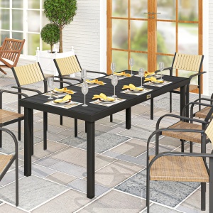Masă de Grădină cu Blat Textură Lemn 190x90 cm pentru 8 Persoane, Masă de Dining de Exterior Dreptunghiulară din Aluminiu și Plastic, pentru Terasă, Balcon, Negru - Img 2