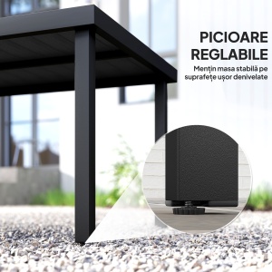 Masă de Grădină cu Blat Textură Lemn 190x90 cm pentru 8 Persoane, Masă de Dining de Exterior Dreptunghiulară din Aluminiu și Plastic, pentru Terasă, Balcon, Negru - Img 7