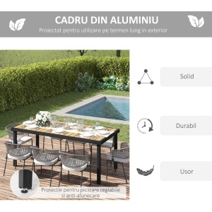 Masa de gradina pentru 8 Persoane din Aluminiu, Masa de Exterior din Plastic pentru Terasa si Balcon, Negru si Culoare Lemn - Img 5