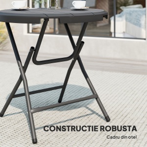 Masă de Grădină, rotundă, pliabilă, pentru 4 persoane, aspect lemn, oțel+plastic, gri închis, 80 x 80 x 73 cm - Img 6