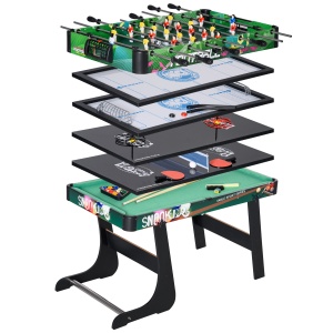 Masă de Jocuri 6 în 1 cu Fotbal de Masă, Biliard, Air Hockey, Tenis de Masă, Hockey pe Iarbă, 118x104x71 cm