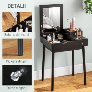 Masă de Machiaj 2 în 1 cu Oglindă Rabatatbilă și 2 Sertare Negru - Img 6