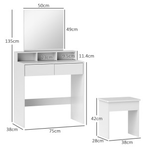 Masă de Toaletă cu Taburet, Masă de Machiaj cu Oglindă, 3 Rafturi, 2 Sertare, din Lemn, 75x38x135 cm, Alb - Img 3