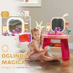 Masă de Toaletă pentru Fetițe 3-6 Ani cu Oglindă din Acrilic și Robinet, Jucărie pentru Copii din Plastic, 55x29x71 cm, Roz - Img 4