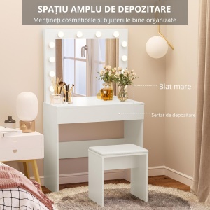 Masa Machiaj cu Oglindă LED 12 Lumini, Set cu Scaun Tapitat și Sertar Spațios, Mobilier pentru Dormitor, 80x40x140 cm, Alb - Img 4