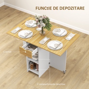Masă Pliabilă, Masă Rabatabilă pentru 2-4 Persoane cu Sertar, 2 Rafturi și 2 Roți, 114,5x70x75 cm, Stejar - Img 5
