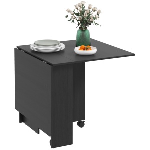 Masă Pliabilă, Masă Rabatabilă pentru 4-6 Persoane cu 2 Rafturi și 2 Roți, din Lemn și Metal, 140x80x74 cm, Negru