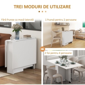 Masă Pliabilă și Extensibilă pentru 4-6 Persoane cu 2 Rafturi și 2 Roți, din Lemn și Metal, 140x80x74 cm, Alb - Img 4