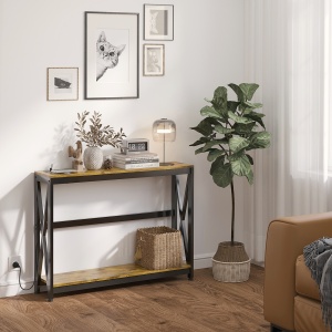 Masă Subțire de Consolă, Masă Industrială cu Două Nivele, Masă de Canapea Îngustă cu Cadru X din Oțel, 100x24x75 cm, Maro - Img 2